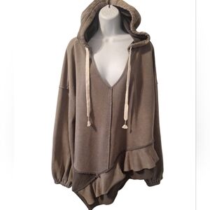 POL khaki asymmetrical oversized V neck hoodie size M